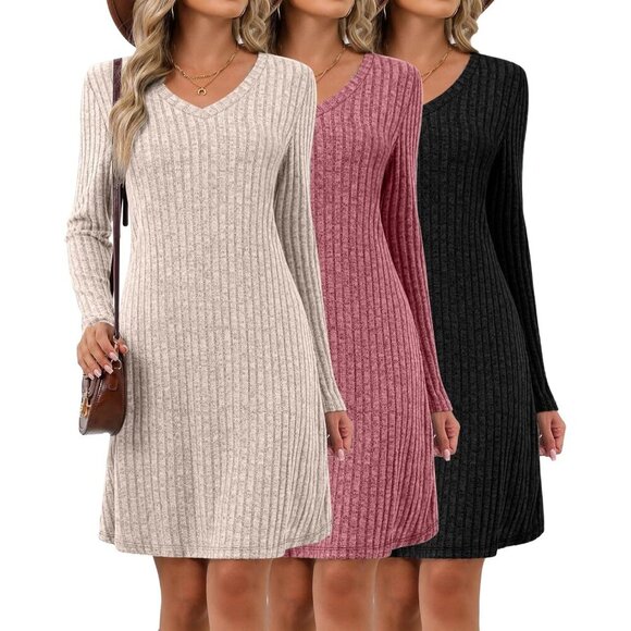 3 Pack Women's Knit Long Sleeve V Neck Dresses Casual Fall Winter Loose Fit